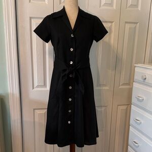 Talbots Petites Black Midi Dress with Button Detail 100% Linen Sz 2P